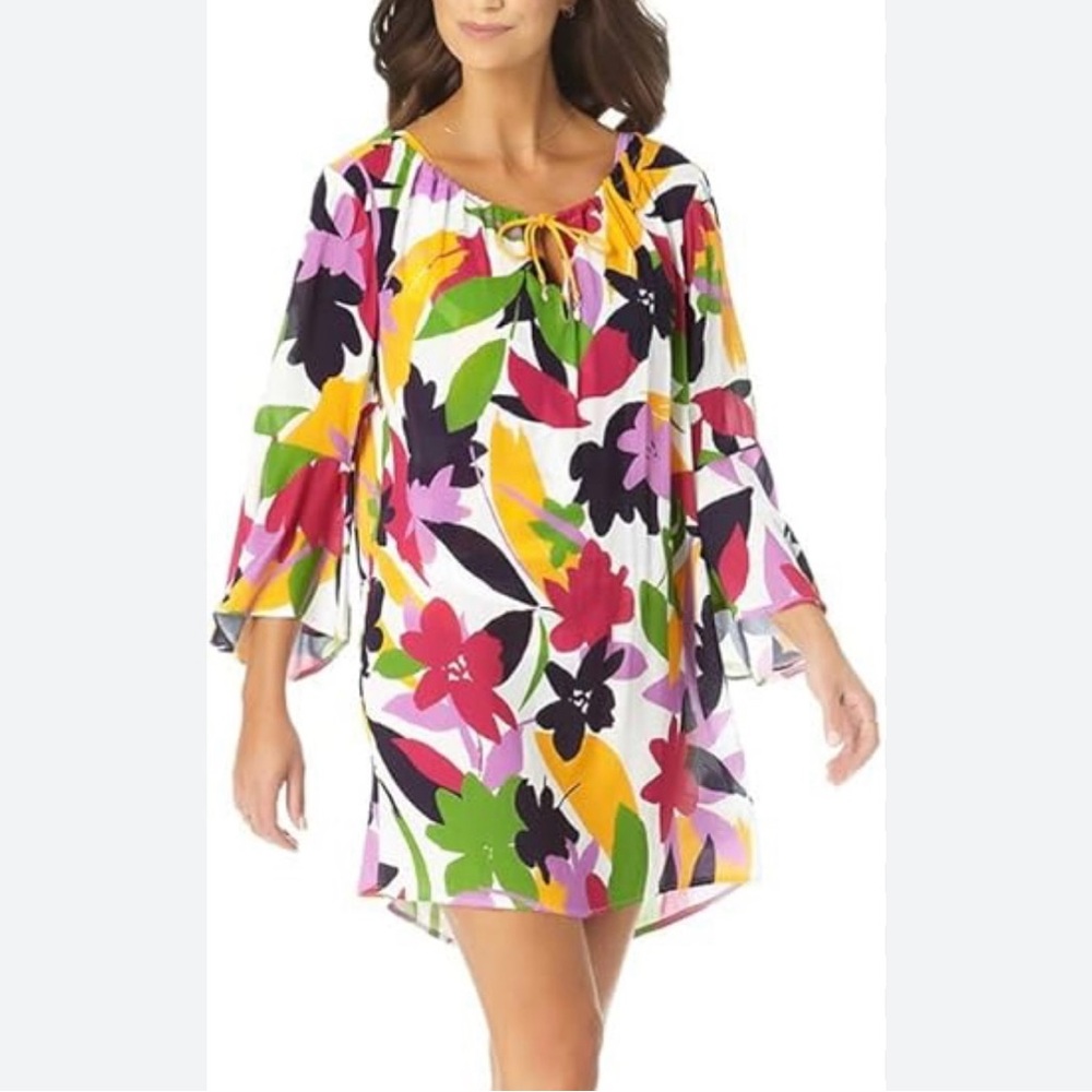 Anne Cole Lush Garden Bell Sleeve Drawstring Tunic Coverup bundle w/bathing suit